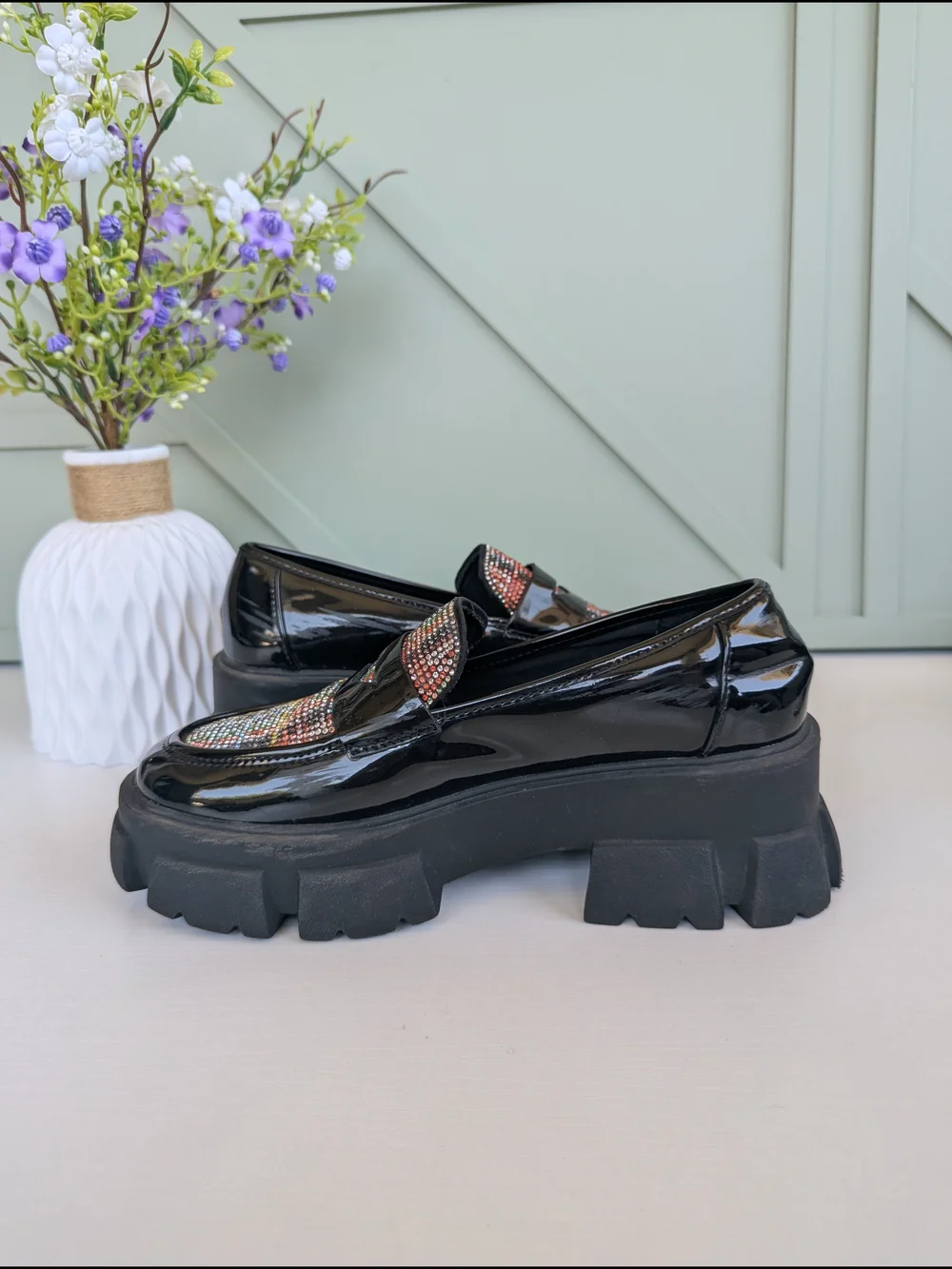 Betsey Johnson Barrie Black Patent Loafers with Pink Signature